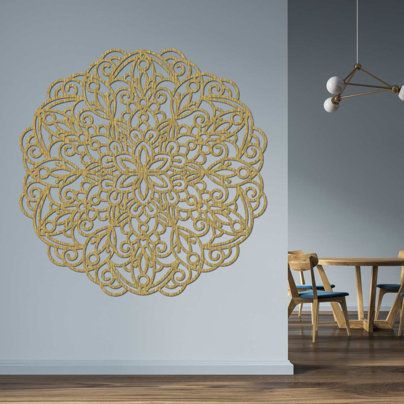 Decorațiunile luxoase din lemn, în formă de mandală, adaugă liniște și eleganță spațiului.