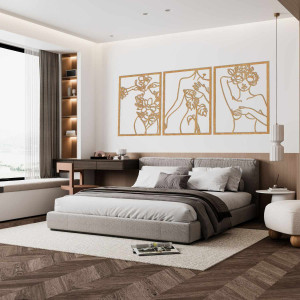 Pictură în trei părți a unei femei cu flori într-un stil modern de artă liniară 2