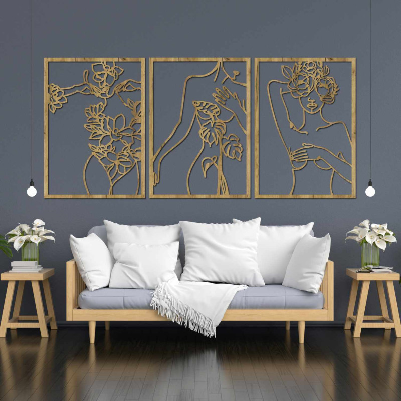 Pictură modernă în trei părți cu motiv feminin și elemente florale