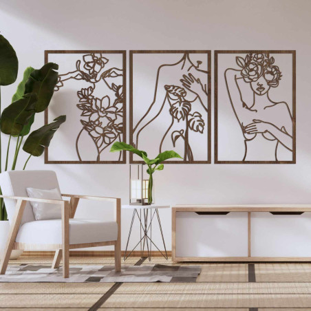 Pictură modernă în trei părți cu motiv feminin și elemente florale