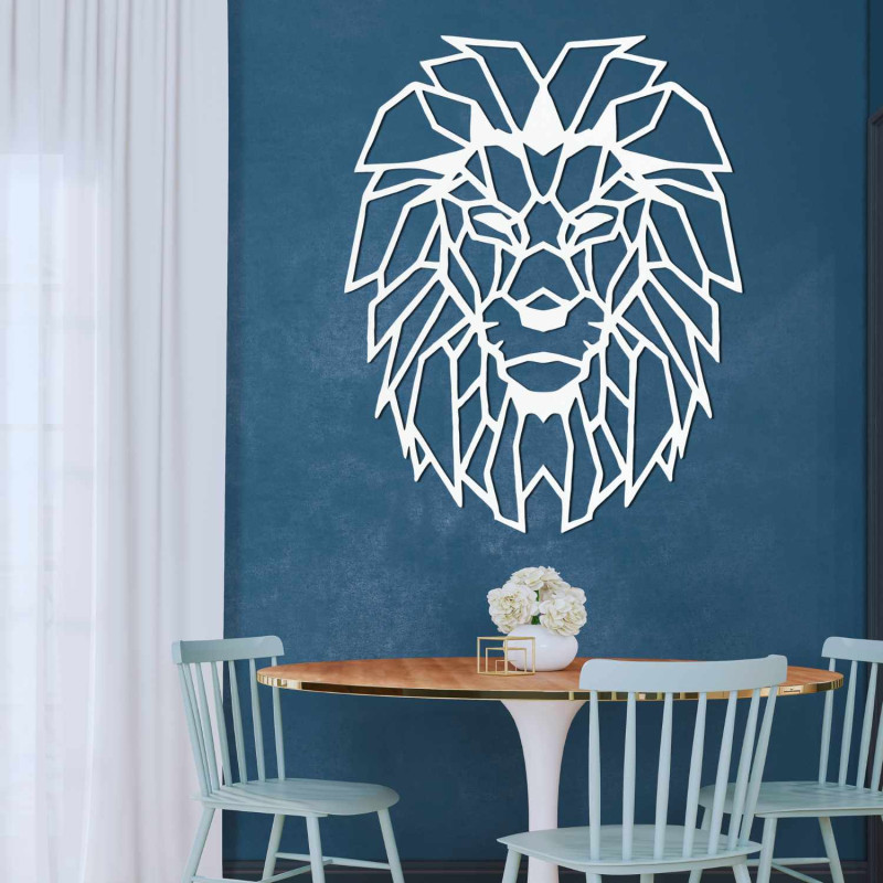 Imagine de leu din lemn cu design geometric în negru