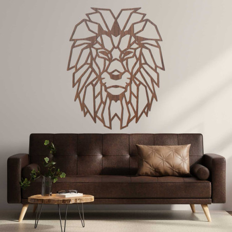 Leu modern din lemn pe perete cu design artistic geometric