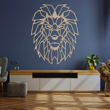 Leu modern din lemn pe perete cu design artistic geometric