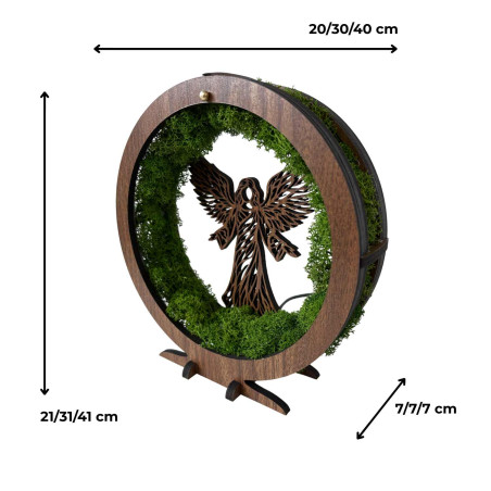 Decor de masă original cu înger, mușchi și iluminare LED