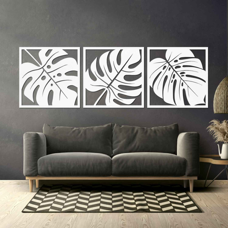 Set modern de trei tablouri cu frunze exotice pentru un interior elegant
