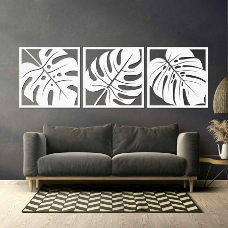 Set modern de trei tablouri cu frunze exotice pentru un interior elegant