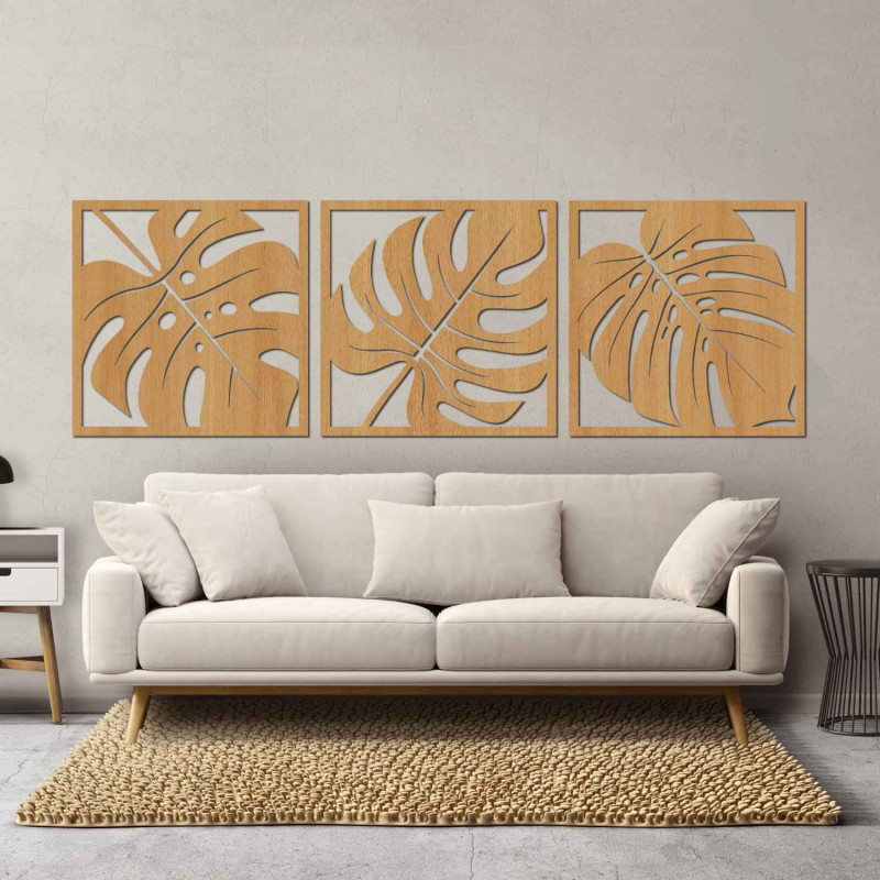 Set modern de trei tablouri cu frunze exotice pentru un interior elegant