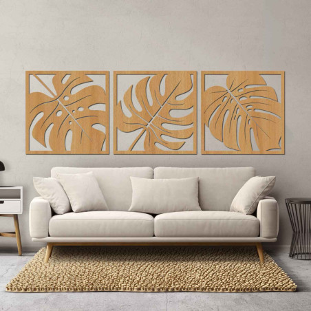 Set modern de trei tablouri cu frunze exotice pentru un interior elegant