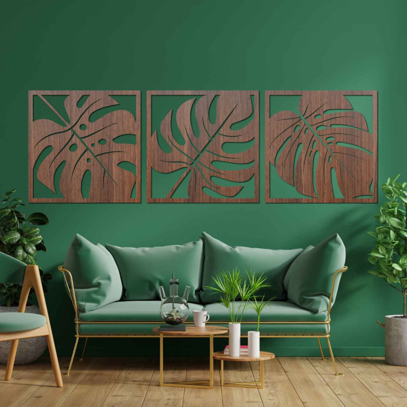 Set modern de trei tablouri cu frunze exotice pentru un interior elegant