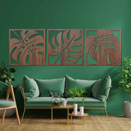Set modern de trei tablouri cu frunze exotice pentru un interior elegant