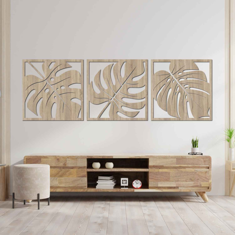 Set modern de trei tablouri cu frunze exotice pentru un interior elegant