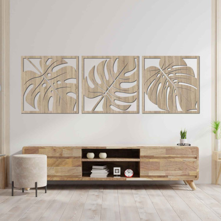 Set modern de trei tablouri cu frunze exotice pentru un interior elegant