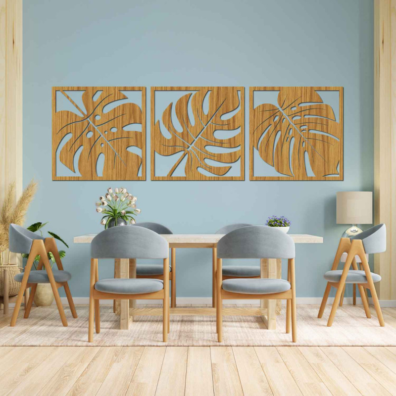 Decorațiune murală din lemn cu motiv de frunze tropicale în negru