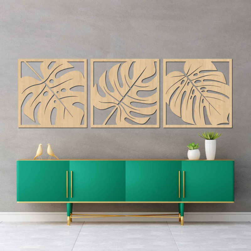 Decorațiune murală din lemn cu motiv de frunze tropicale în negru