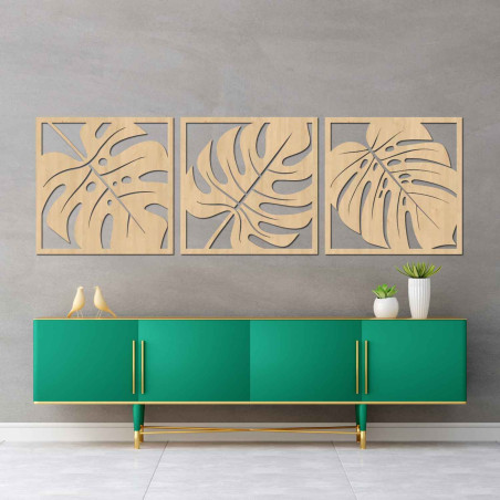Decorațiune murală din lemn cu motiv de frunze tropicale în negru