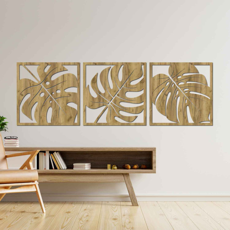 Decorațiune murală din lemn cu motiv de frunze tropicale în negru