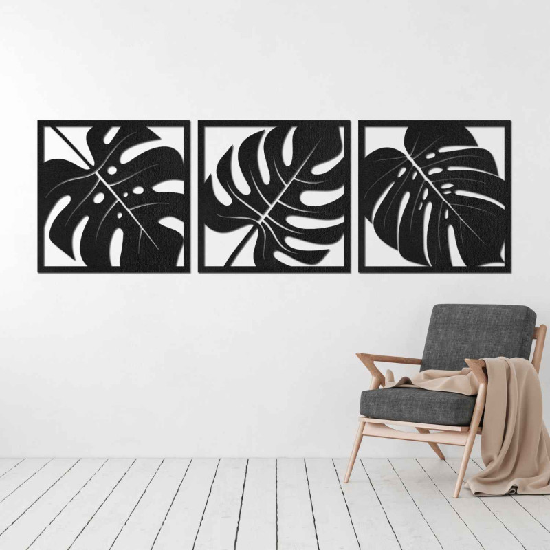 Decorațiune murală din lemn cu motiv de frunze tropicale în negru