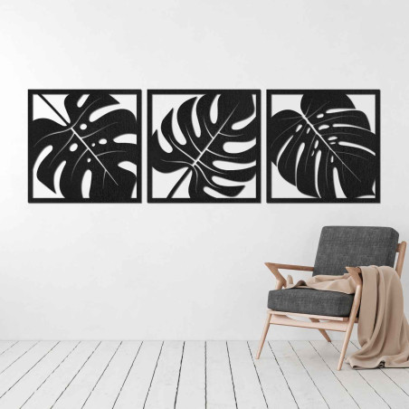 Decorațiune murală din lemn cu motiv de frunze tropicale în negru