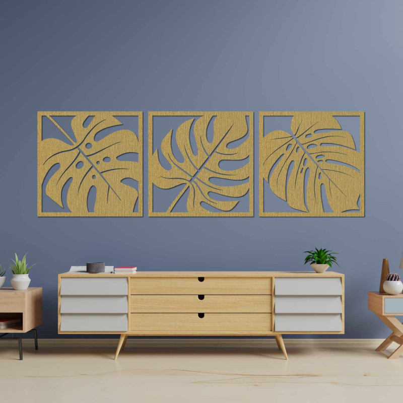 Pictură Monstera elegantă în trei părți, realizată din lemn, pentru un interior modern