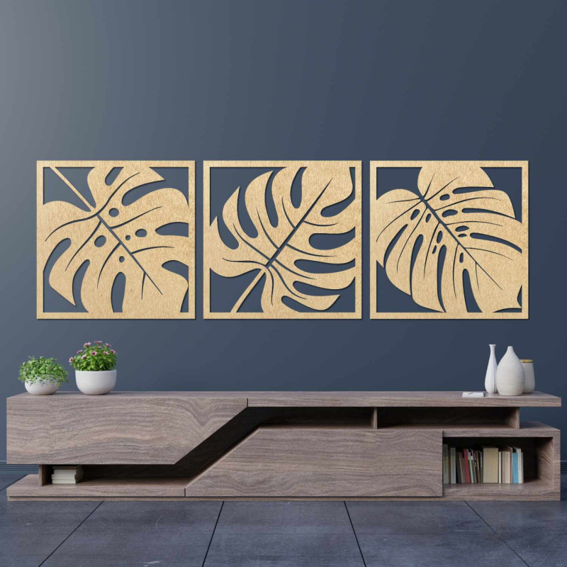 Pictură Monstera elegantă în trei părți, realizată din lemn, pentru un interior modern