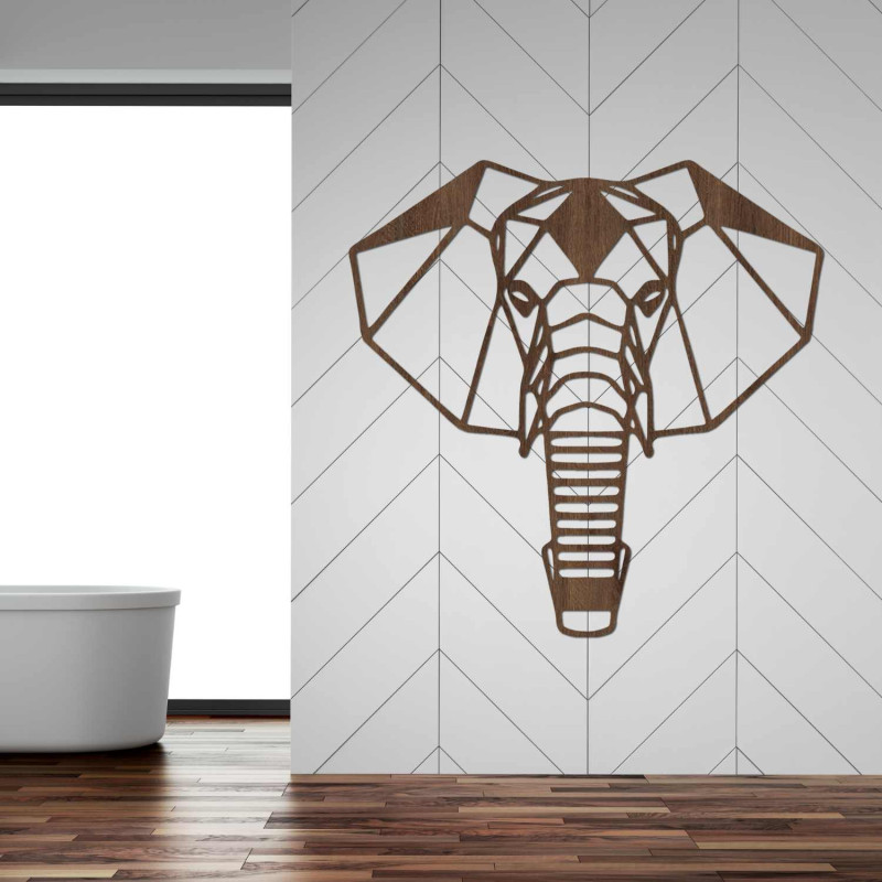 Elefant din lemn pe perete cu un design geometric minimalist