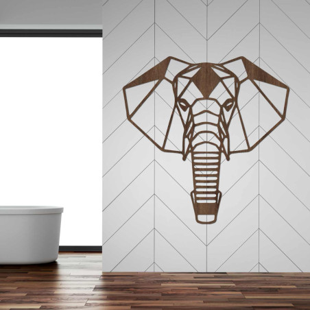 Elefant din lemn pe perete cu un design geometric minimalist
