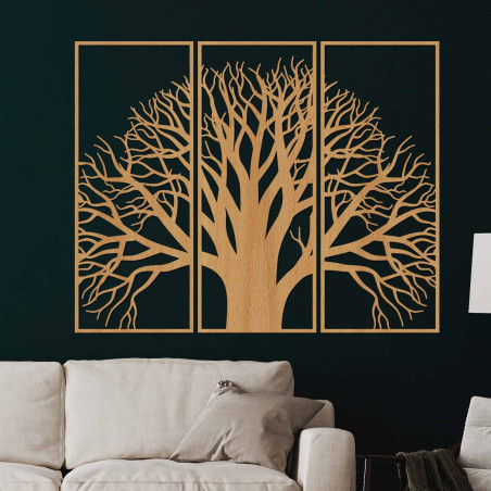 Decorațiune murală din lemn din trei piese cu un copac al vieții în stil modern