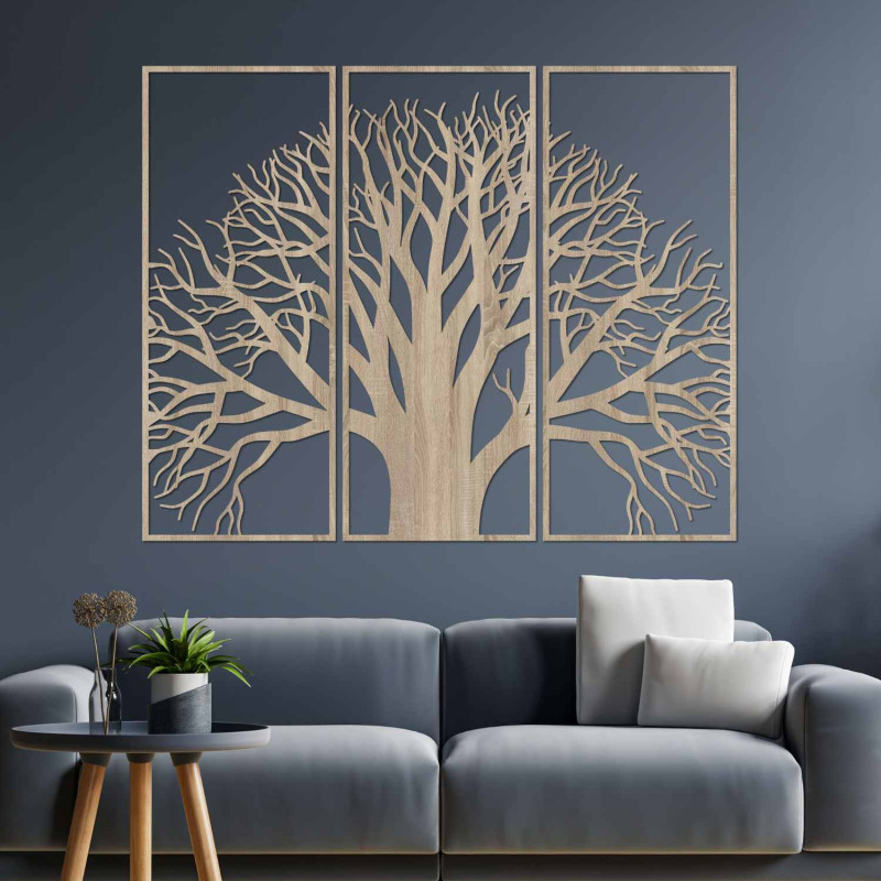 Decorațiune modernă din lemn care înfățișează maiestuosul copac al vieții