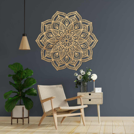 Mandala rotundă din lemn, sculptată cu laser precis și cu detalii bogate