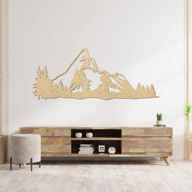 Panoramă montană din lemn cu sculptură laser precisă pe perete