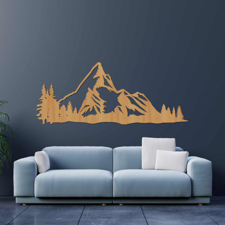 Decorațiune murală modernă din lemn cu motiv montan și peisaj natural