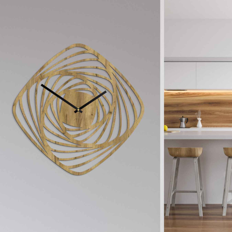 Ceas de perete din lemn de design, cu motiv spiralat abstract și mișcare silențioasă