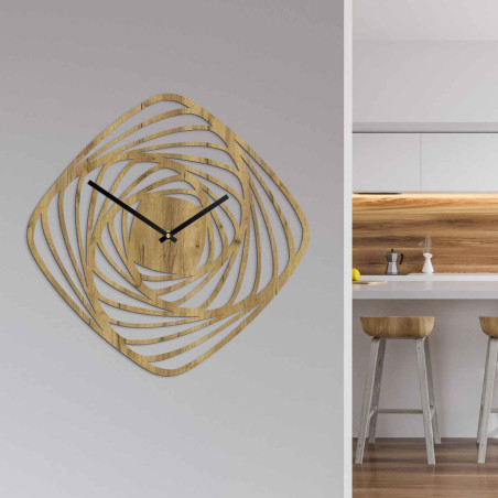 Ceas de perete din lemn de design, cu motiv spiralat abstract și mișcare silențioasă