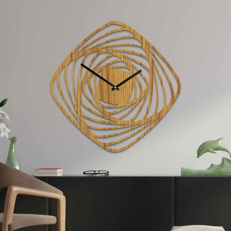 Ceas de perete din lemn de design, cu motiv spiralat abstract și mișcare silențioasă