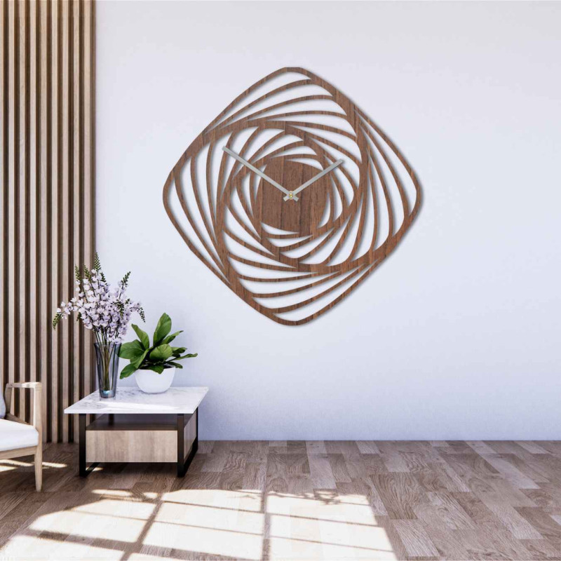 Ceas de perete modern din lemn, cu model geometric în spirală, decor din stejar auriu.