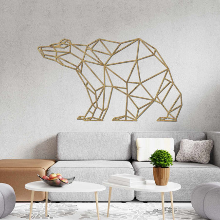 Imagine sculptată cu laser în lemn a unui urs, în stil geometric modern.
