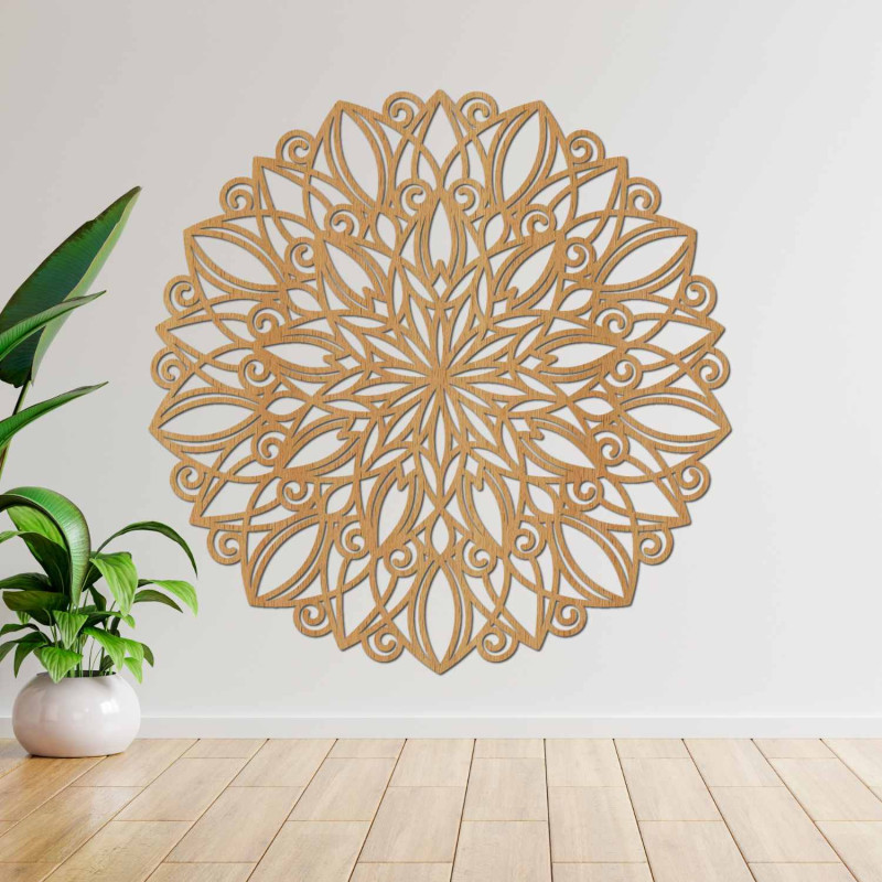Mandala luxoasă de perete din lemn cu un model floral sculptat cu precizie