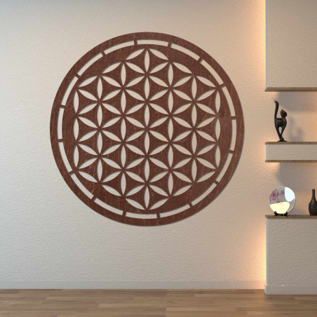 Mandala rotundă din lemn Floarea Vieții ca decor elegant pentru sufragerie