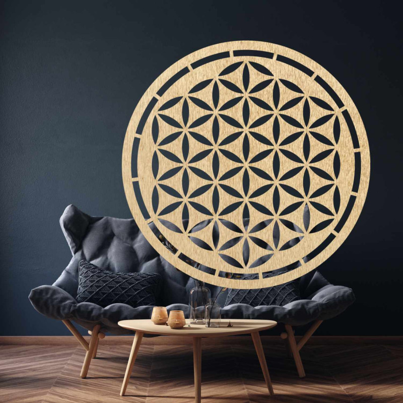Mandala rotundă din lemn Floarea Vieții ca decor elegant pentru sufragerie
