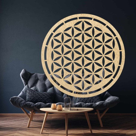 Mandala rotundă din lemn Floarea Vieții ca decor elegant pentru sufragerie