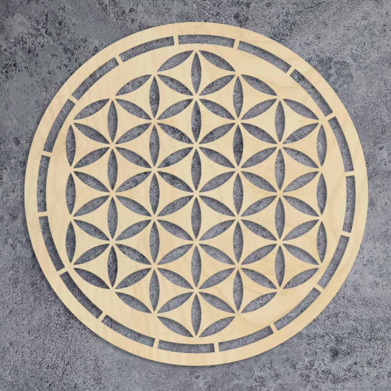 Mandala rotundă din lemn Floarea Vieții ca decor elegant pentru sufragerie