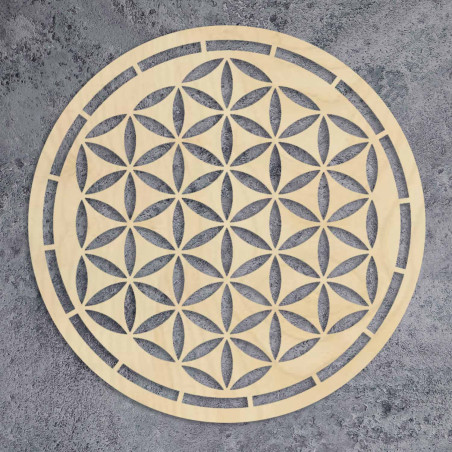 Mandala rotundă din lemn Floarea Vieții ca decor elegant pentru sufragerie