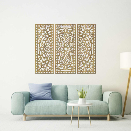 Mandala din lemn pentru perete, 3 părți, model ajurat, decor
