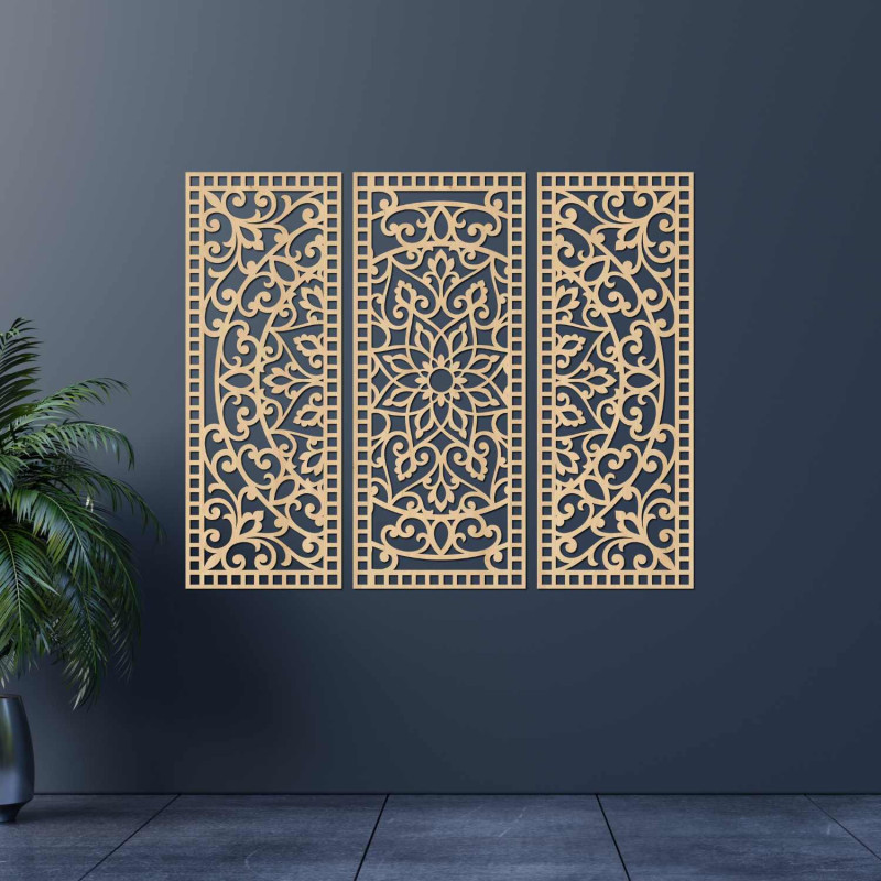 Mandala decorativă din lemn, model în trei părți, ornament