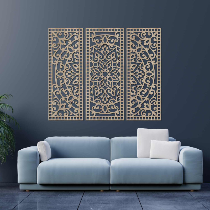 Mandala decorativă din lemn, model în trei părți, ornament
