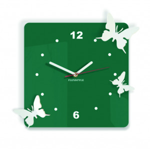Ceas de perete modern din plastic - Fluturi, Culoare: verde închis, alb, Dimensiune: 30x30 cm