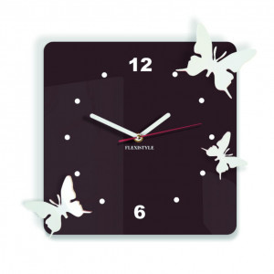 Ceas de perete modern din plastic - Fluturi, Culoare: maro închis, alb, Dimensiune: 30x30 cm