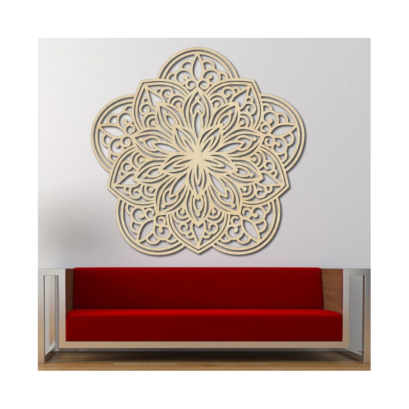 Imagine de perete din placaj de lemn cu mandala sculptată în flori